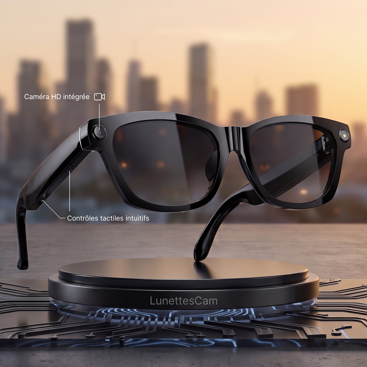 Lunettes caméra Bluetooth noires à verres solaires, caméra intégrée sur la monture
