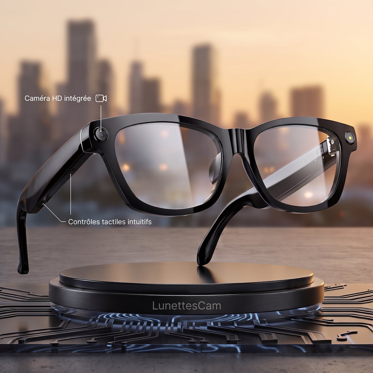 Lunettes caméra Bluetooth noires à verres clairs anti-lumière bleue