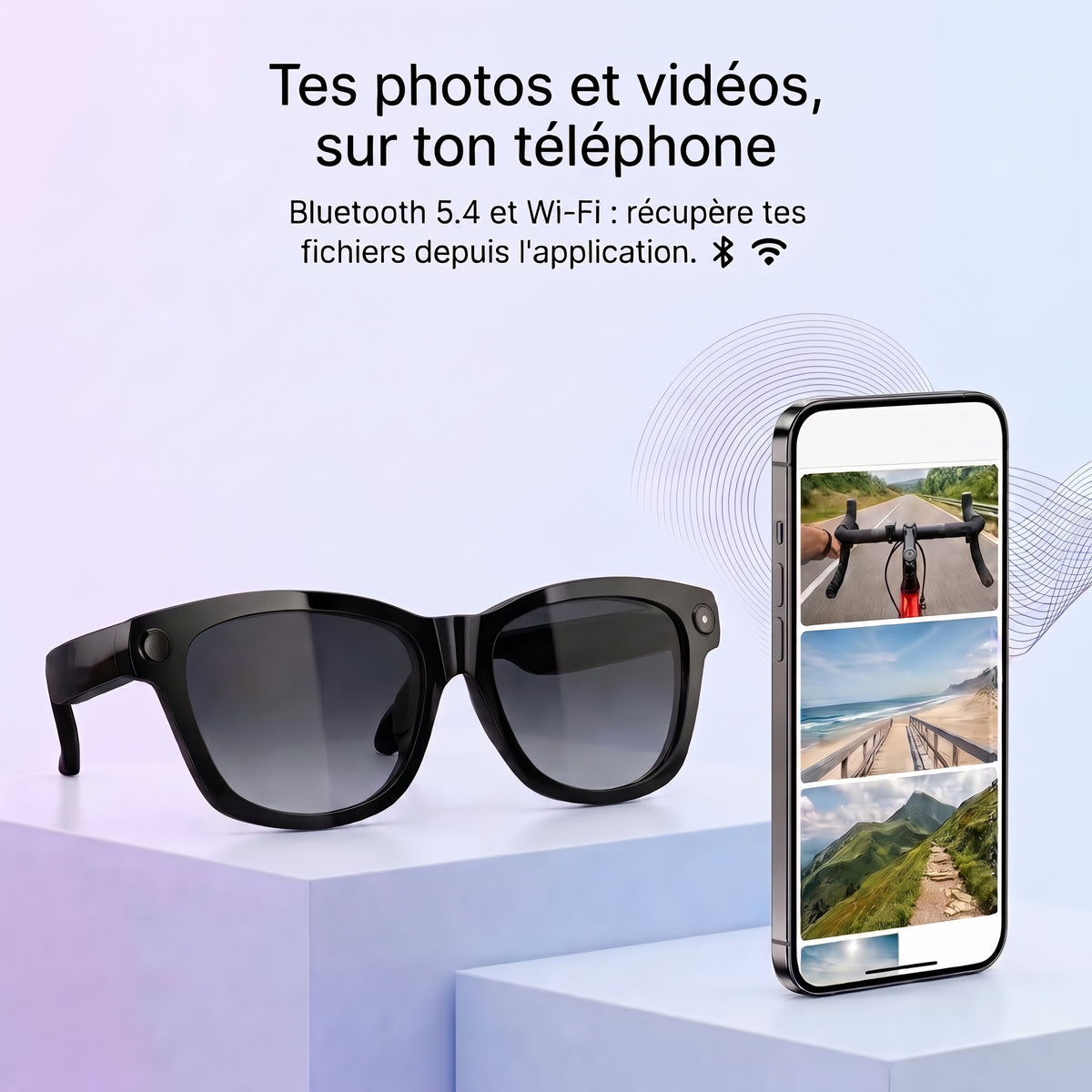 Lunettes caméra Bluetooth et Wi-Fi transférant les photos et vidéos vers un smartphone